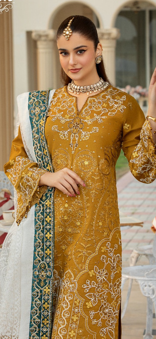 Mustard 3pc Readymade Lawn Suit With Contrast Dupatta
