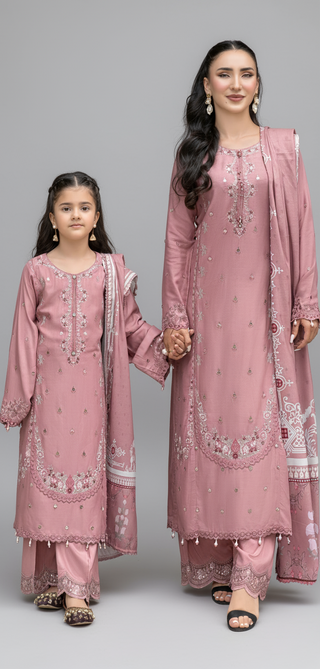 Dusky Pink 3pc Mother & Daughter Winter Linen Suit