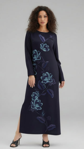 Navy Linen Embroided 1pc Maxi
