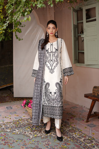 White 3pc Cotton Suit with Printed Dupatta