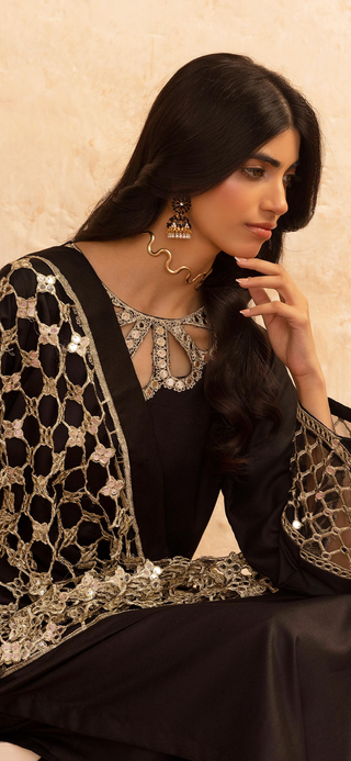 Black 3pc Suit with Cutwork Neckline & Dupatta