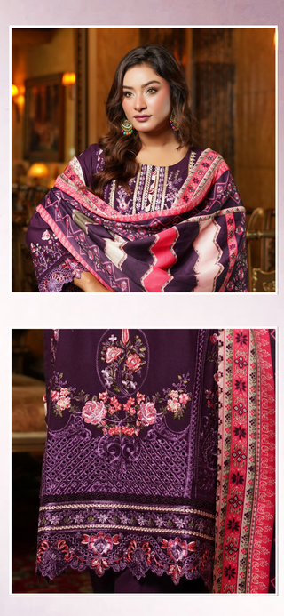 Purple Embroided 3pc Linen Suit