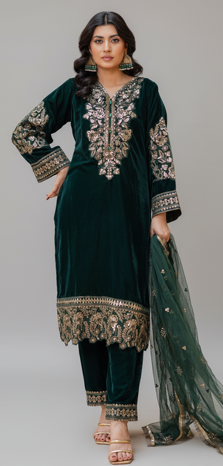 Green 3pc Velvet Suit with Organza Scarf by