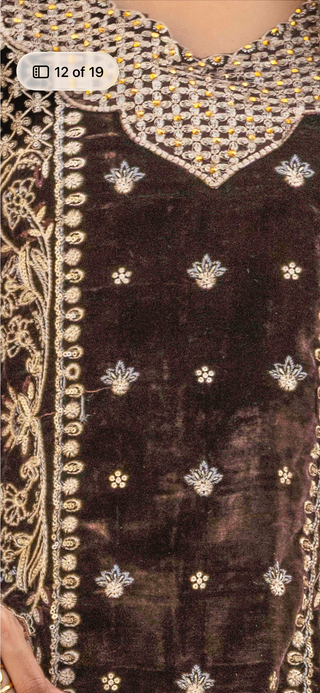 Brown 3pc Velvet Suit with Thread Embroidery