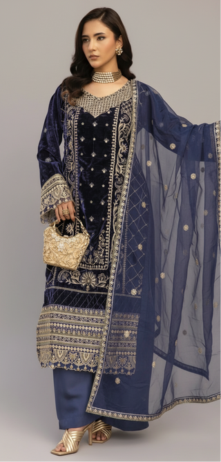 Navy 3pc Velvet Suit with Thread Embroidery
