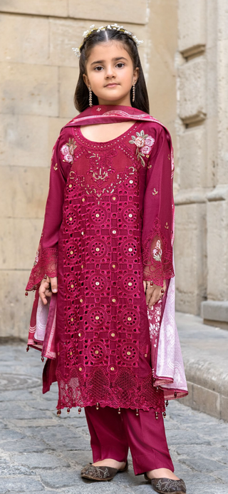 Deap Red 3pc Mother & Daughter Winter Linen Suit