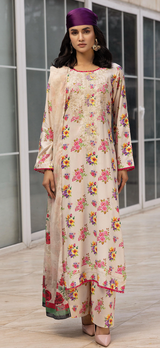 White 3pc Floral Linen Suit