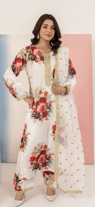 White 3pc Cotton Suit with Heavy Embroided Duppata