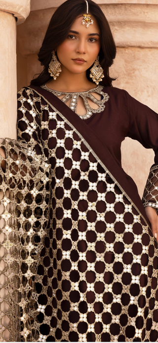 Brown 3pc Suit with Cutwork Neckline & Dupatta