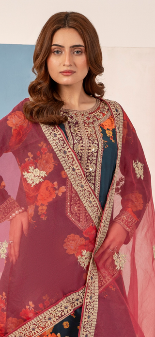 Teal 3pc Cotton Suit with Heavy Embroided Duppata