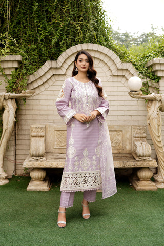 Lilac 3pc Cotton Suit with Printed Dupatta