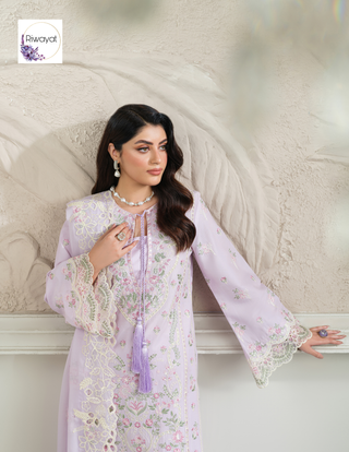 Lilac 3pc Viscose Suit with Full Embroidery