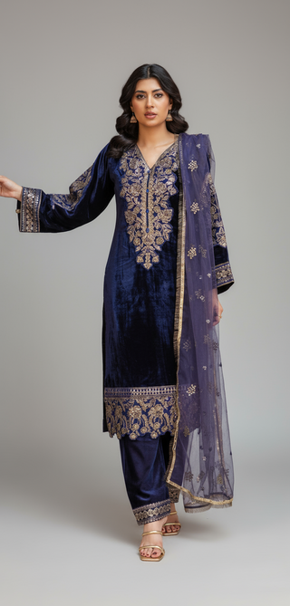 Navy 3pc Velvet Suit with Organza Scarf