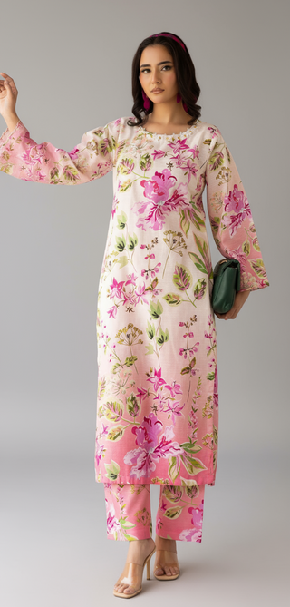 Cream/Pink Floral Khaddar Co-ord Set