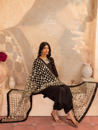 Black 3pc Suit with Cutwork Neckline & Dupatta