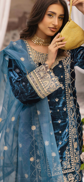 Teal 3pc Velvet Suit with Thread Embroidery