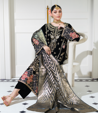 Black 3pc Velvet Suit with Organza Scarf