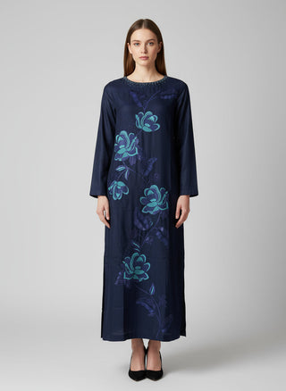 Navy Linen Embroided 1pc Maxi