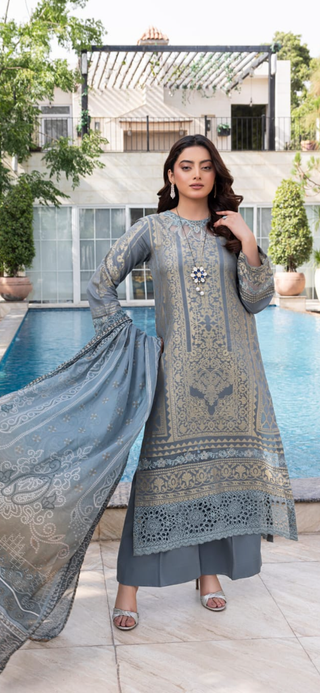 Dusky Blue 3pc Jacquard Lawn Suit with Organza Detailing