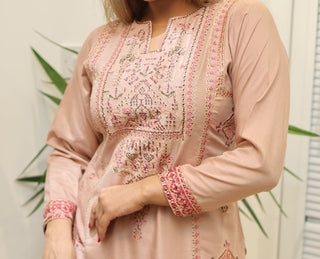Mother & Daughter Pink Embroidered 3pc Suit with Floral Printed Organza Dupatta