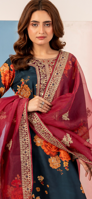 Teal 3pc Cotton Suit with Heavy Embroided Duppata