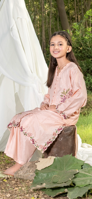 Kids Peach Raw Silk Co-Ord