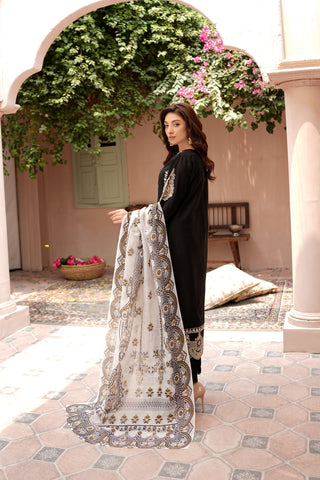 Black 3pc Cotton Suit with Printed Dupatta