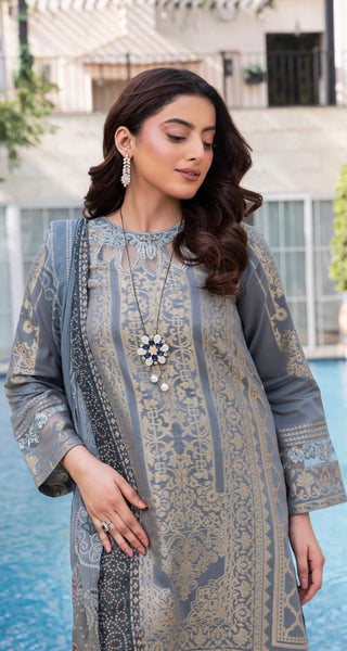 Dusky Blue 3pc Jacquard Lawn Suit with Organza Detailing