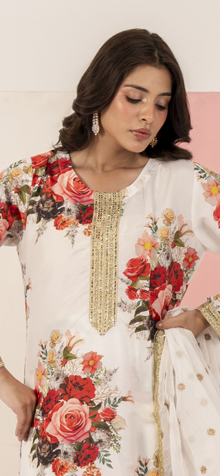White 3pc Cotton Suit with Heavy Embroided Duppata