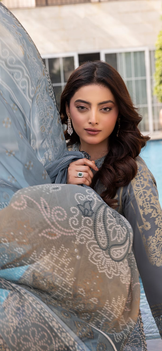 Dusky Blue 3pc Jacquard Lawn Suit with Organza Detailing