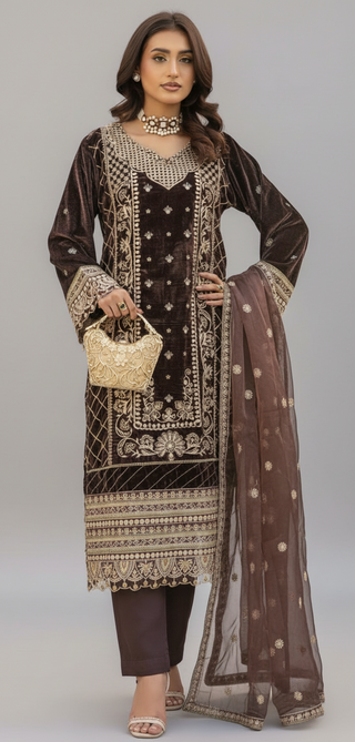 Brown 3pc Velvet Suit with Thread Embroidery