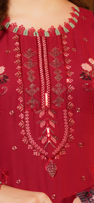 Red Embroided 3pc Linen Suit