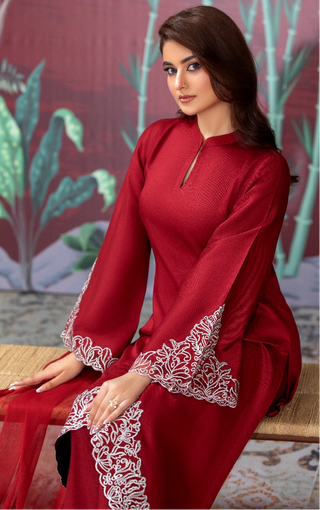 Red 3pc Readymade Suit with Trail