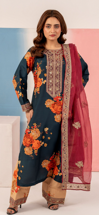 Teal 3pc Cotton Suit with Heavy Embroided Duppata