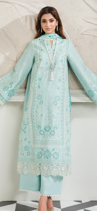 Sky Blue 3pc Viscose Suit with Full Embroidery