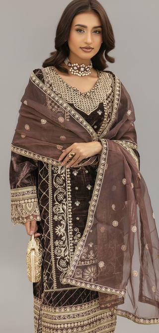 Brown 3pc Velvet Suit with Thread Embroidery