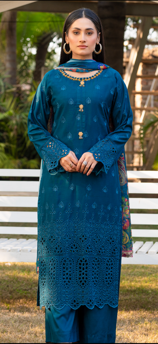 Teal Chickenkari Lawn Suit With Diamonte Neckline