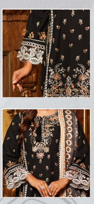 Black Embroided 3pc Linen Suit