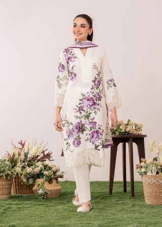 Cream/Purple Floral 3pc Lawn Suit