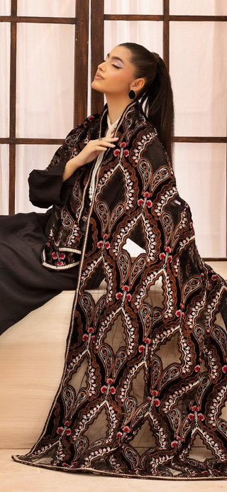 Black Dhanak 3pc Suit with Heavy Cutwork Shawl