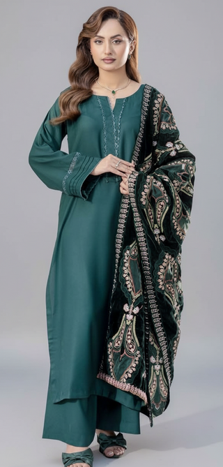 Green Dhanak 3pc Suit with Heavy Cutwork Shawl