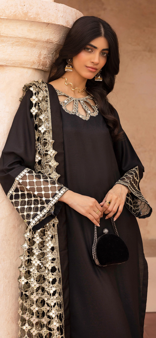 Black 3pc Suit with Cutwork Neckline & Dupatta