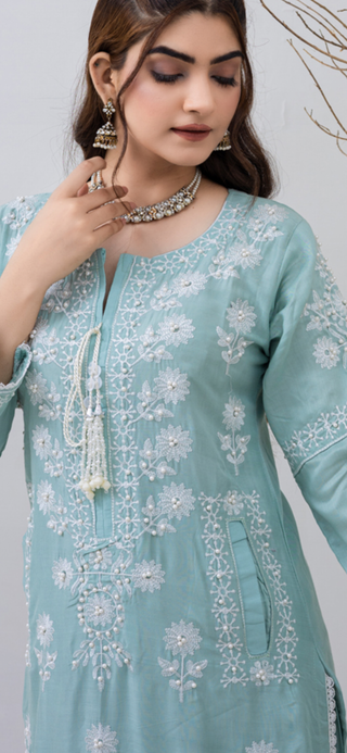 Ice Blue 3pc Linen Suit with Pockets