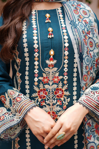 Teal 3pc Cotton Suit with Printed Dupatta