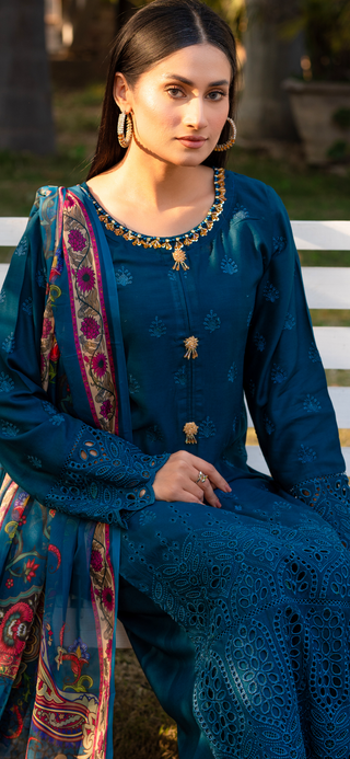 Teal Chickenkari Lawn Suit With Diamonte Neckline