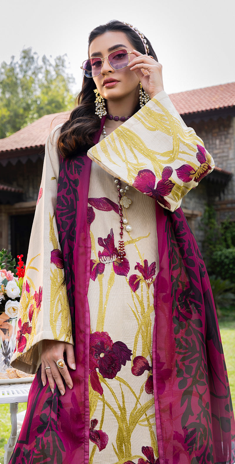 Beige Floral 3pc Lawn Suit with Palazzo