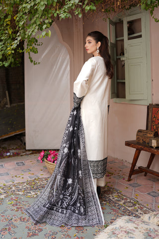 White 3pc Cotton Suit with Printed Dupatta