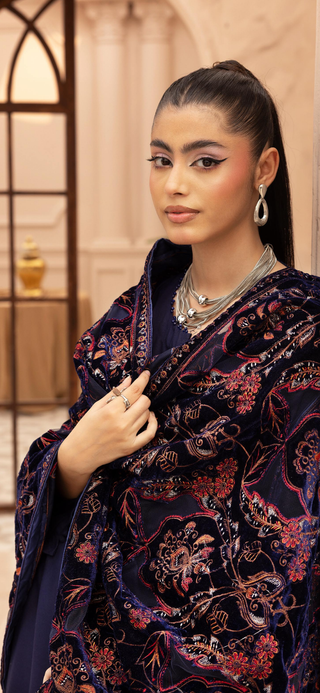 Navy Dhanak 3pc Suit with Heavy Cutwork Shawl