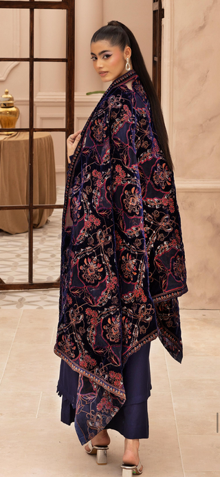 Navy Dhanak 3pc Suit with Heavy Cutwork Shawl