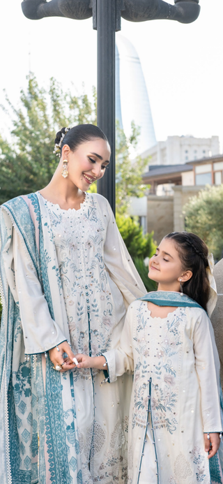 White 3pc Mother & Daughter Winter Linen Suit